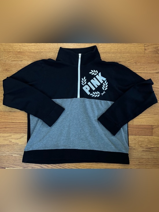 PINK Victoria's Secret Sweaters - Victoria's Secret PINK Sweatshirt Large Black Gray Colorblock 1/4 Zip Pullover
